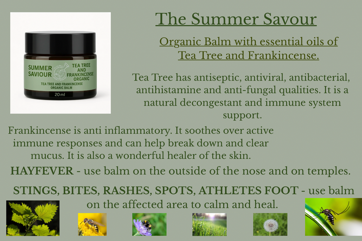 Organic aromatherapy 'Summer Savour' balm with essential oils of Tea Tree and Frankincense. 20ml