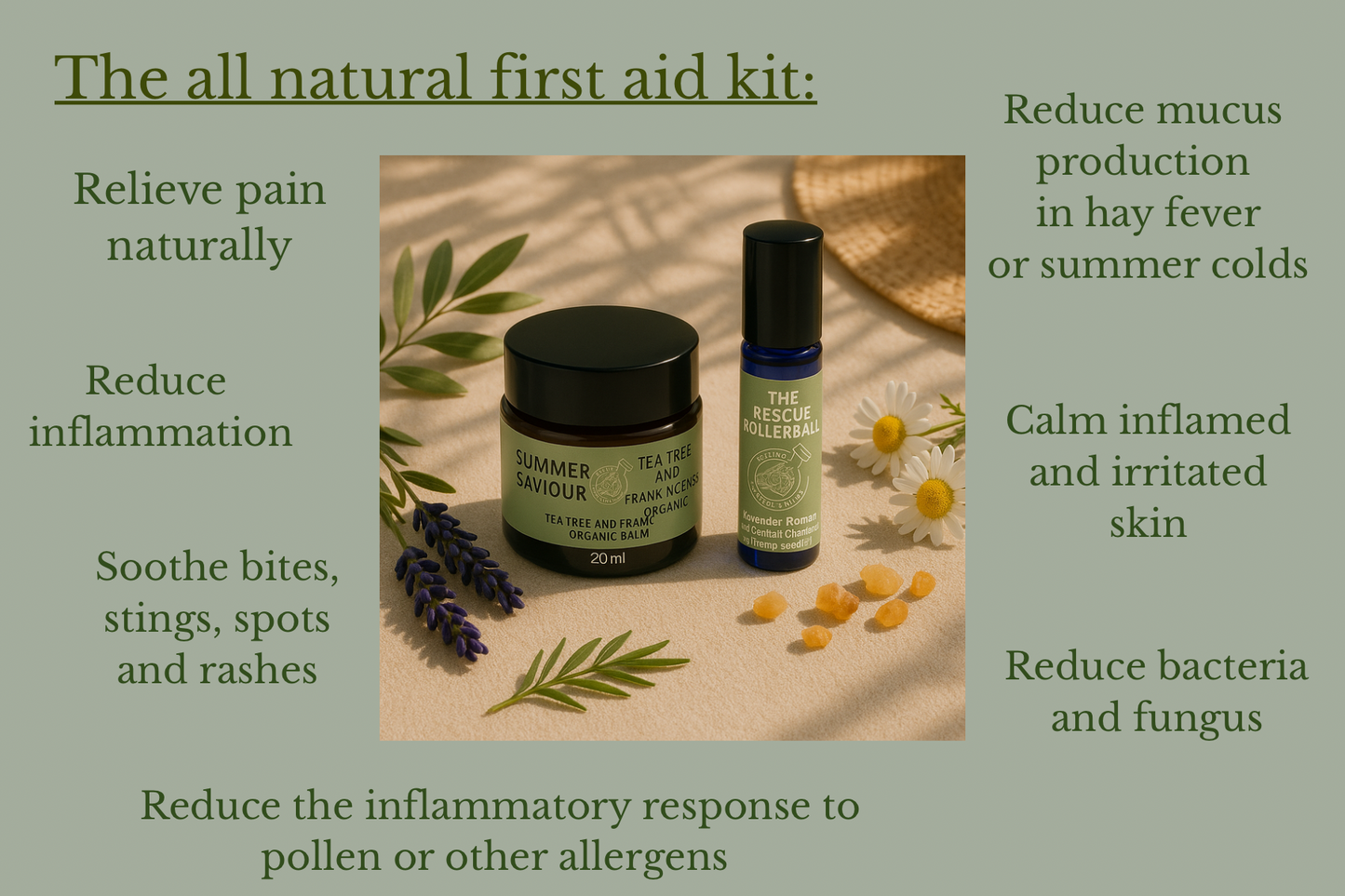 Aromatherapy rollerball with essential oils of Lavender, Roman and German Chamomile in hemp seed oil to ease headaches, hayfever and pain.10ml