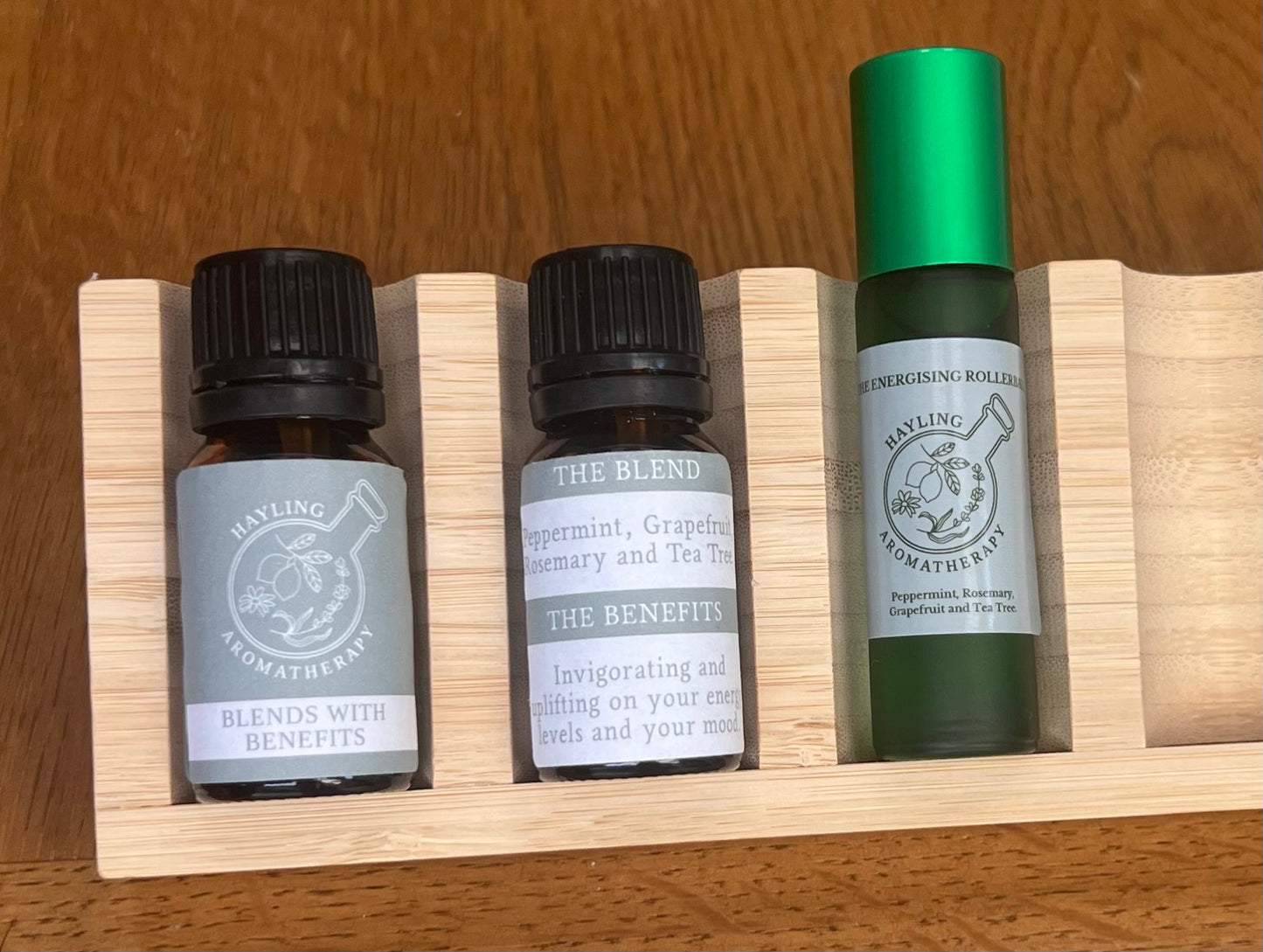 Aromatherapy Energising essential oil rollerball, with Peppermint, Grapefruit, Rosemary and Tea Tree to boost mental clarity and alertness.