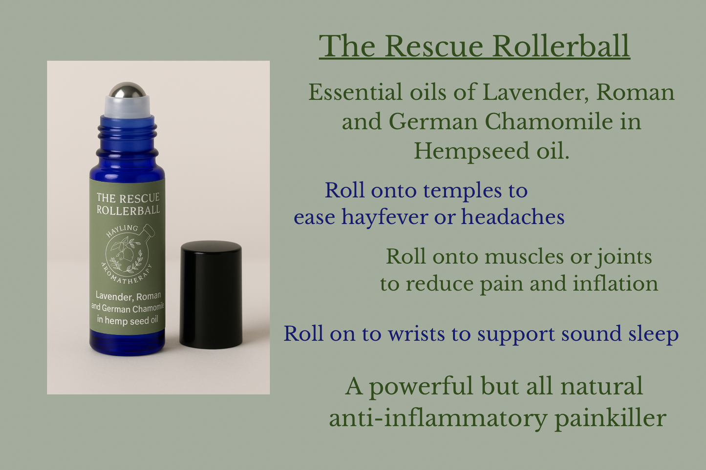 Aromatherapy rollerball with essential oils of Lavender, Roman and German Chamomile in hemp seed oil to ease headaches, hayfever and pain.10ml