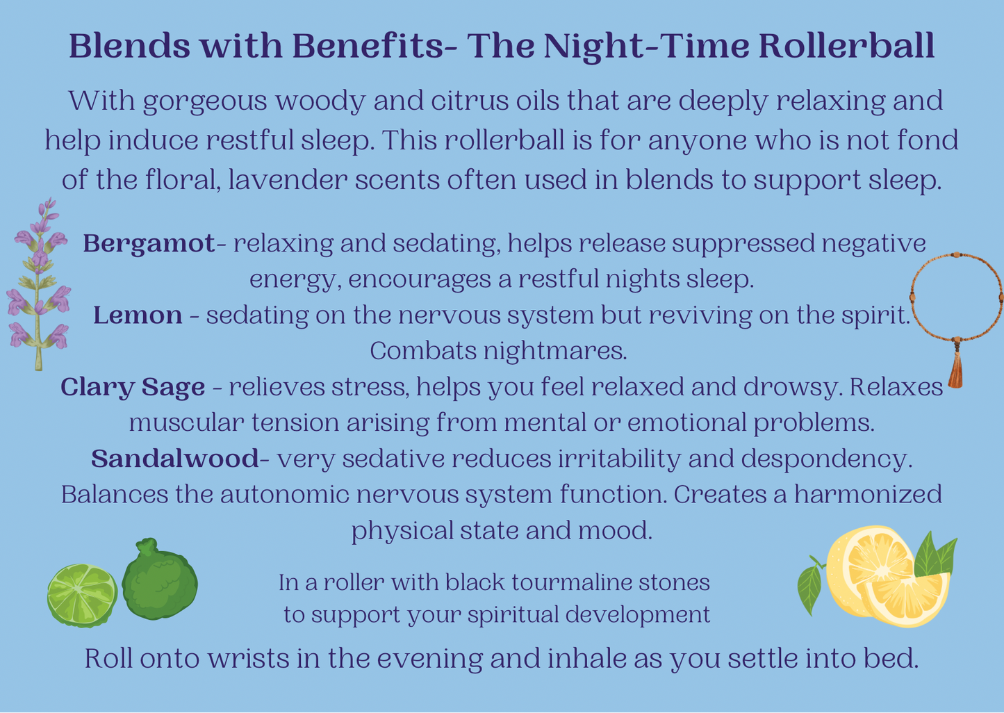 Aromatherapy sleep / insomnia support rollerball with essential oils of Sandalwood, Clary Sage, Lemon and Bergamot .