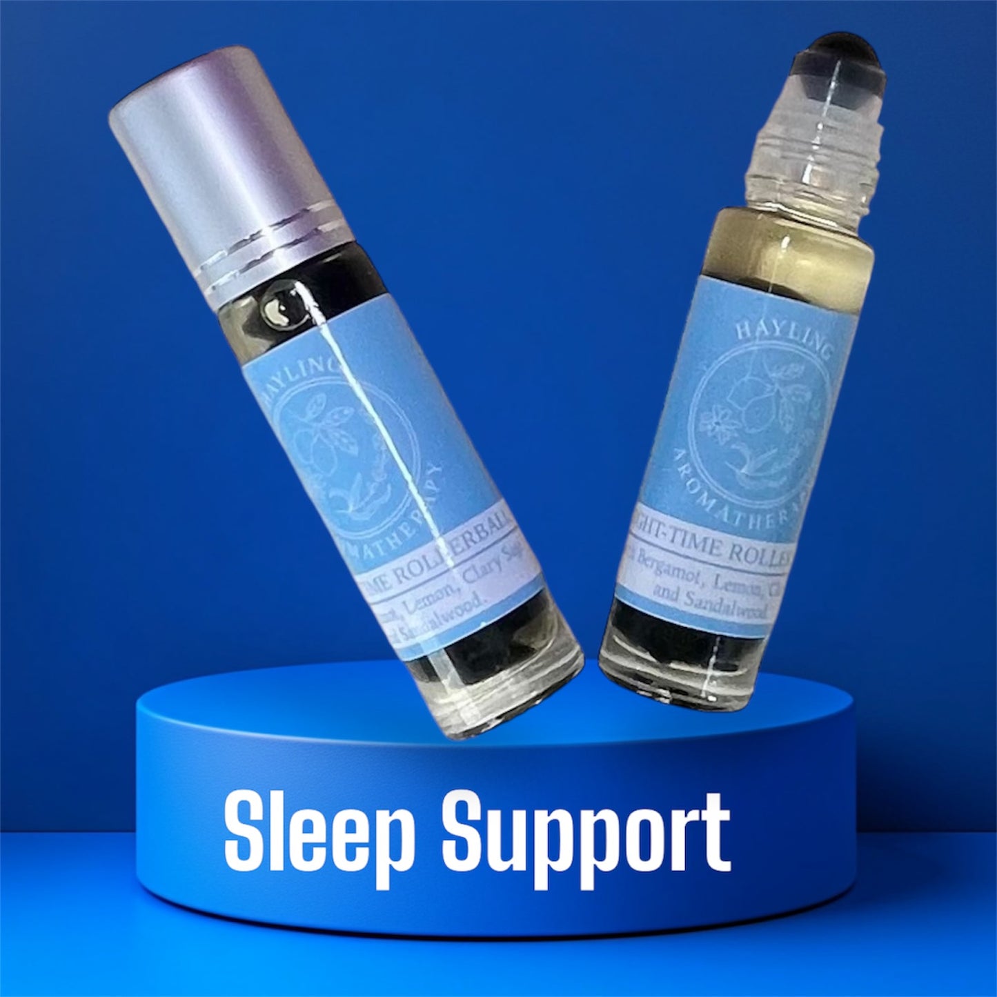 Aromatherapy sleep / insomnia support rollerball with essential oils of Sandalwood, Clary Sage, Lemon and Bergamot .