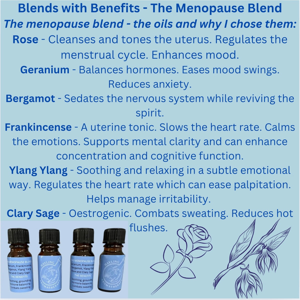 Aromatherapy essential oil blend for menopause support. With reviving and balancing oils of rose, geranium, bergamot, frankincense, ylang ylang and clary sage.