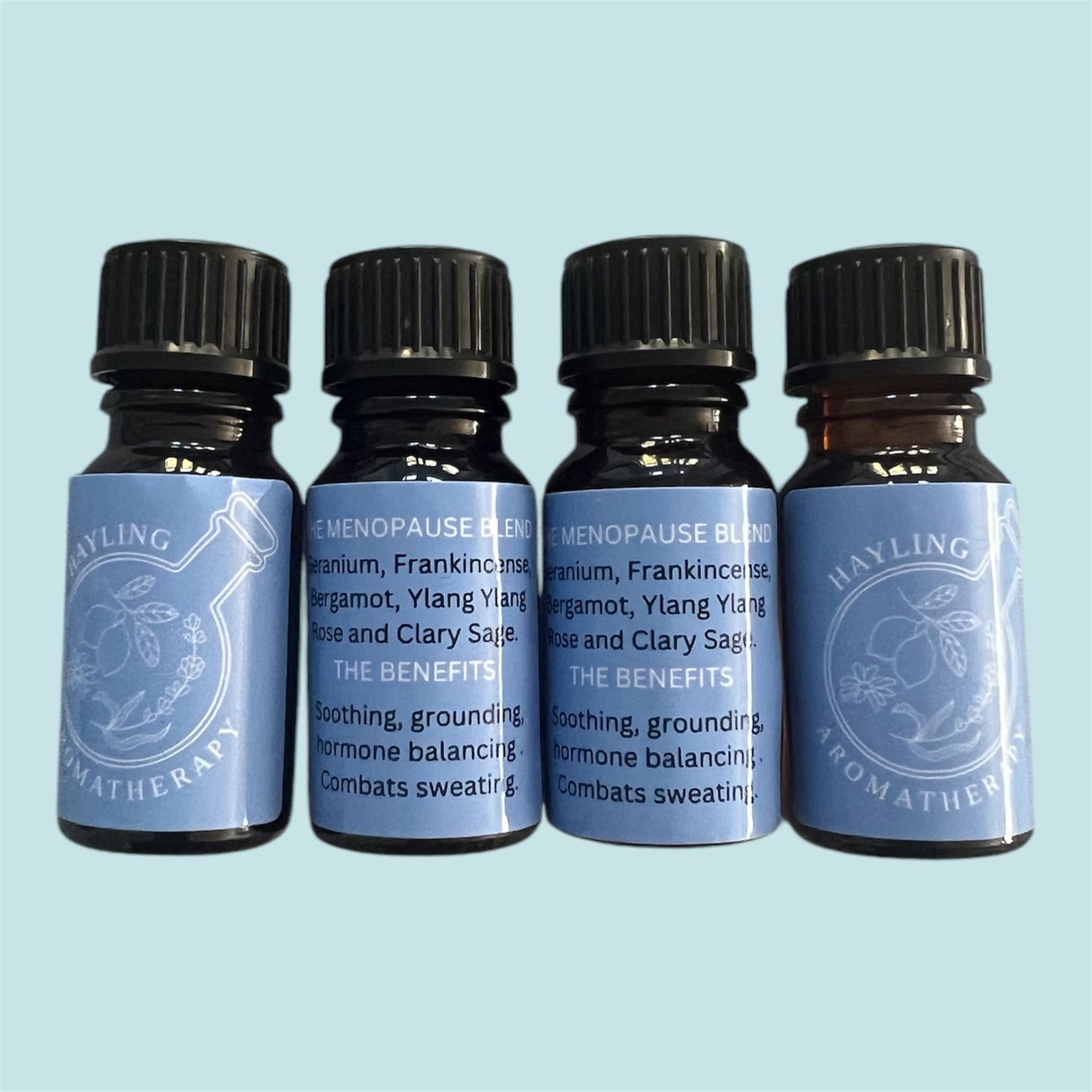 Aromatherapy ‘Medicine Cabinet’ essential oil blend for menopause support. With reviving and balancing oils of rose, geranium, bergamot, frankincense, ylang ylang and clary sage.