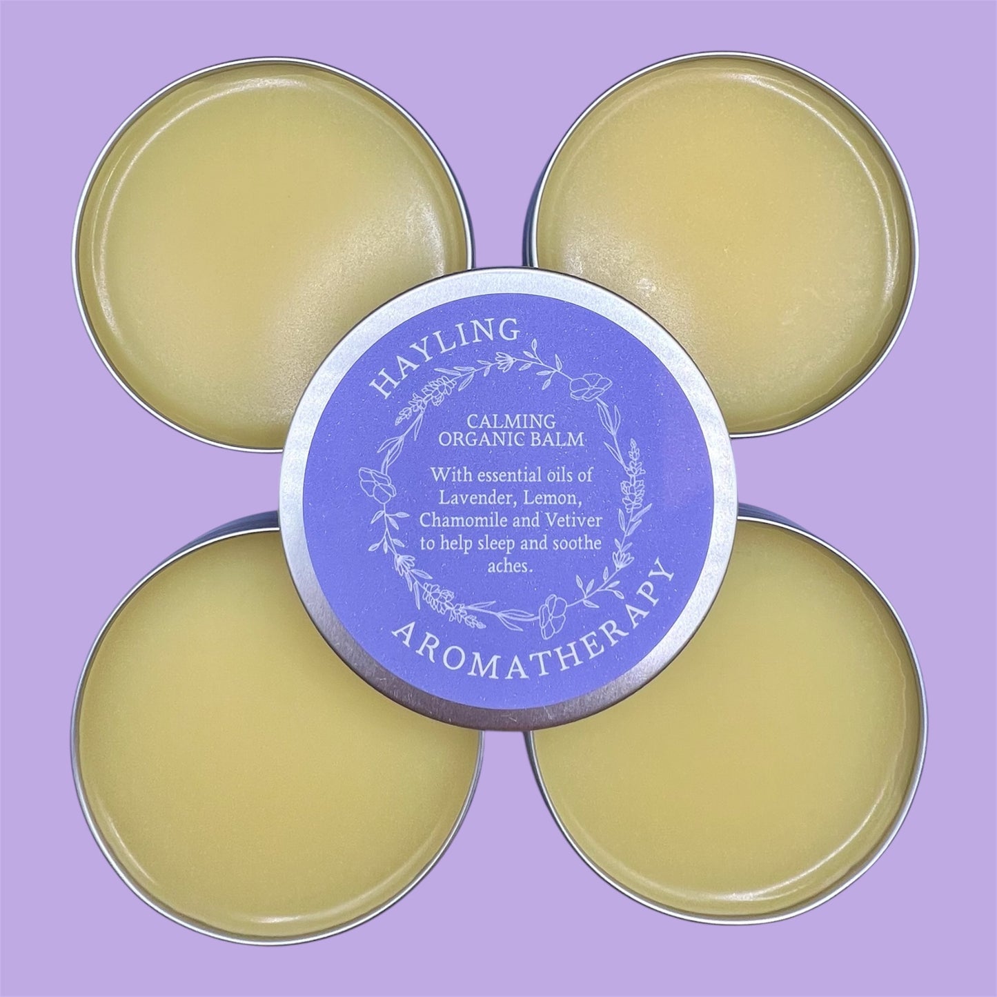 Organic aromatherapy calming balm made with essential oils of lavender lemon chamomile vetiver & natural oils and butters.