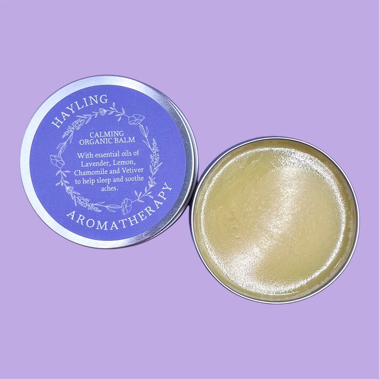 Organic aromatherapy calming balm made with essential oils of lavender lemon chamomile vetiver & natural oils and butters.