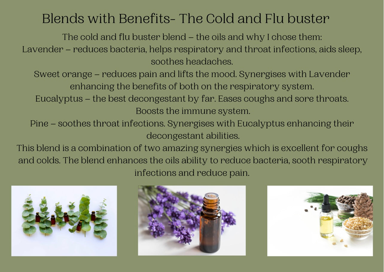 Aromatherapy cold and flu relief essential oil blend. Soothes pain, eases coughs and decongests. With eucalyptus, tea tree, sweet orange and lavender. 10ml