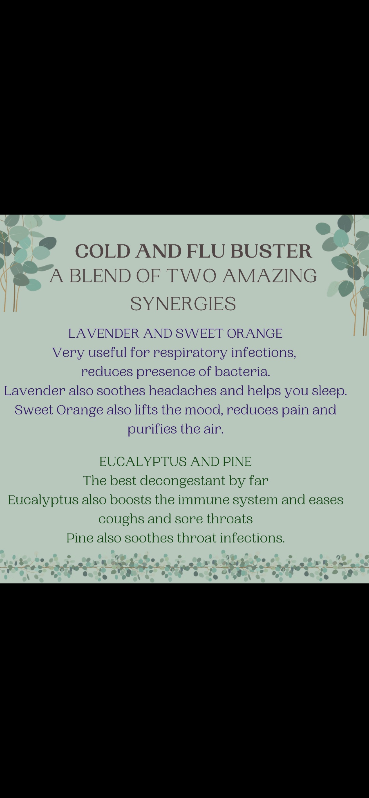 Aromatherapy cold and flu relief essential oil blend. Soothes pain, eases coughs and decongests. With eucalyptus, tea tree, sweet orange and lavender. 10ml