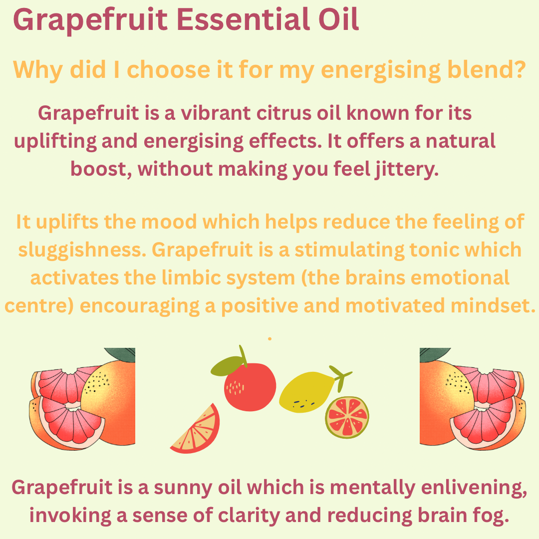 Aromatherapy energising essential oil blend. Invigorating and uplifting on your energy levels and your mood. Boosts concentration naturally. 10ml.