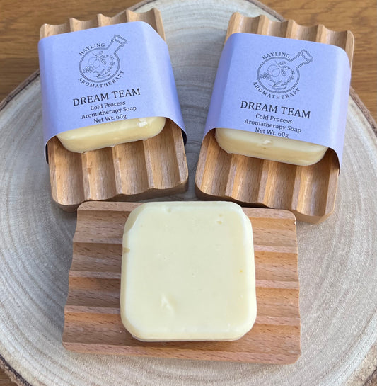 Luxury Handcrafted Aromatherapy hand soap with wooden dish. Dream Team blend of Lavender and Lemon pure essential oils.