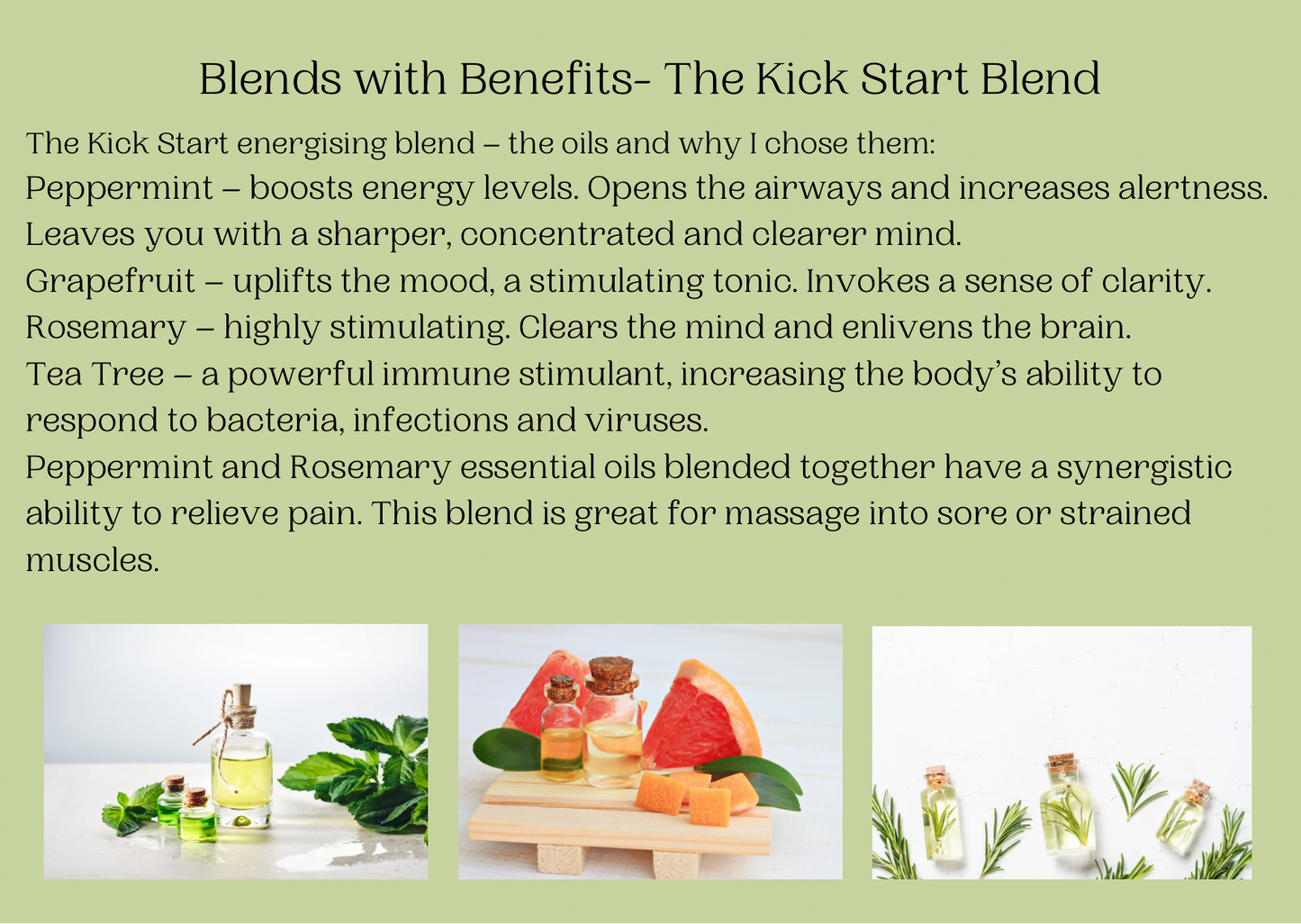 Aromatherapy energising essential oil blend. Invigorating and uplifting on your energy levels and your mood. Boosts concentration naturally. 10ml.