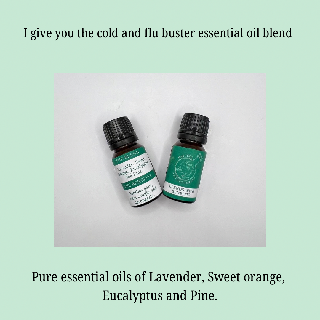 Aromatherapy cold and flu relief essential oil blend. Soothes pain, eases coughs and decongests. With eucalyptus, tea tree, sweet orange and lavender. 10ml
