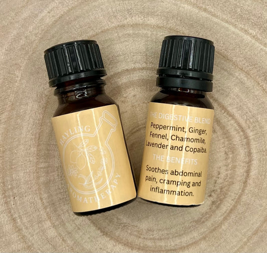 Aromatherapy ‘Medicine Cabinet’ essential oil blend to support the digestive system. With essential oils of Copaiba, Peppermint, Ginger, Fennel, Lavender, Chamomile & Clary Sage. 10ml.