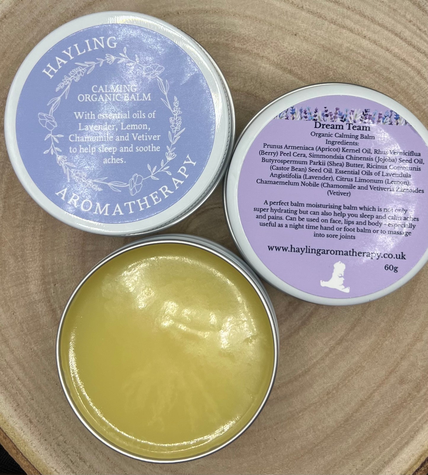 Organic aromatherapy calming balm made with essential oils of lavender lemon chamomile vetiver & natural oils and butters.
