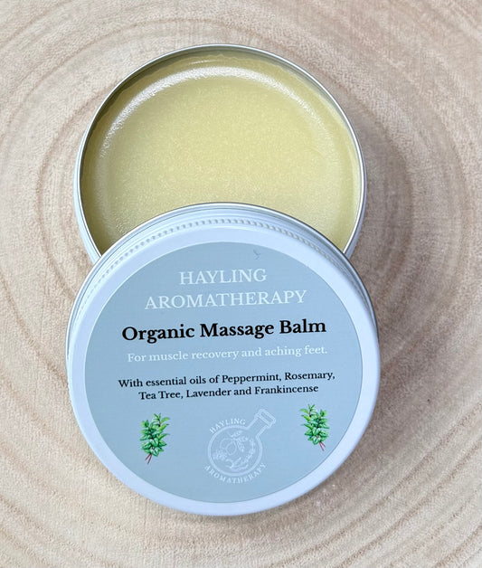 Luxury handcrafted aromatherapy balm with all natural, organic ingredients and essential oils of peppermint, rosemary, tea tree, lavender and frankincense to ease tired muscles and feet. The massage balm for tired muscles and sore feet.