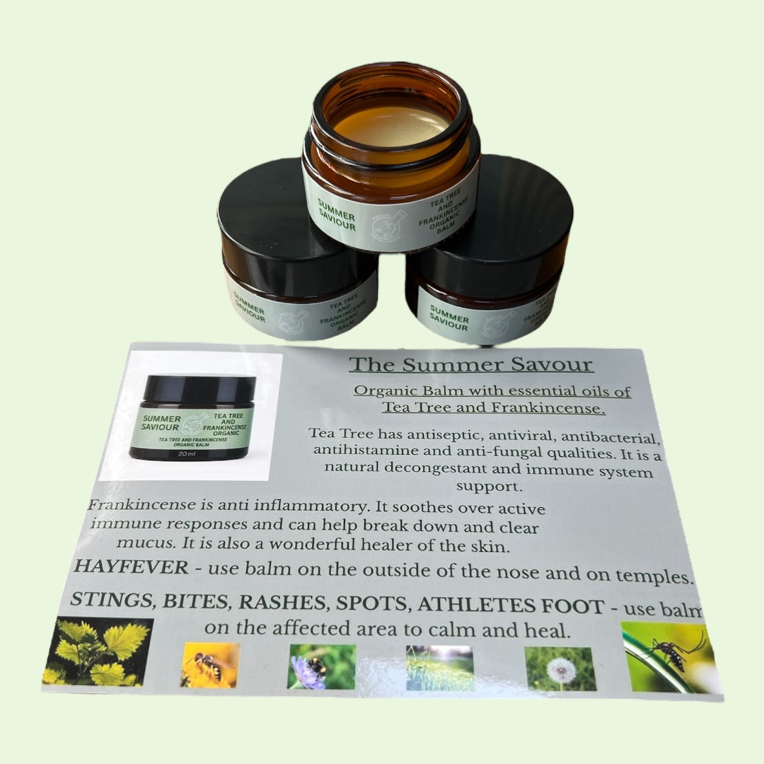 Organic aromatherapy 'Summer Savour' balm with essential oils of Tea Tree and Frankincense. 20ml