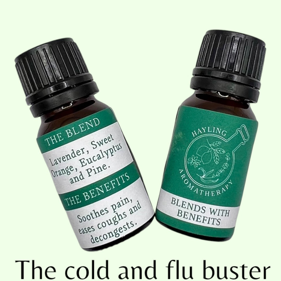 Aromatherapy cold and flu relief essential oil blend. Soothes pain, eases coughs and decongests. With eucalyptus, tea tree, sweet orange and lavender. 10ml