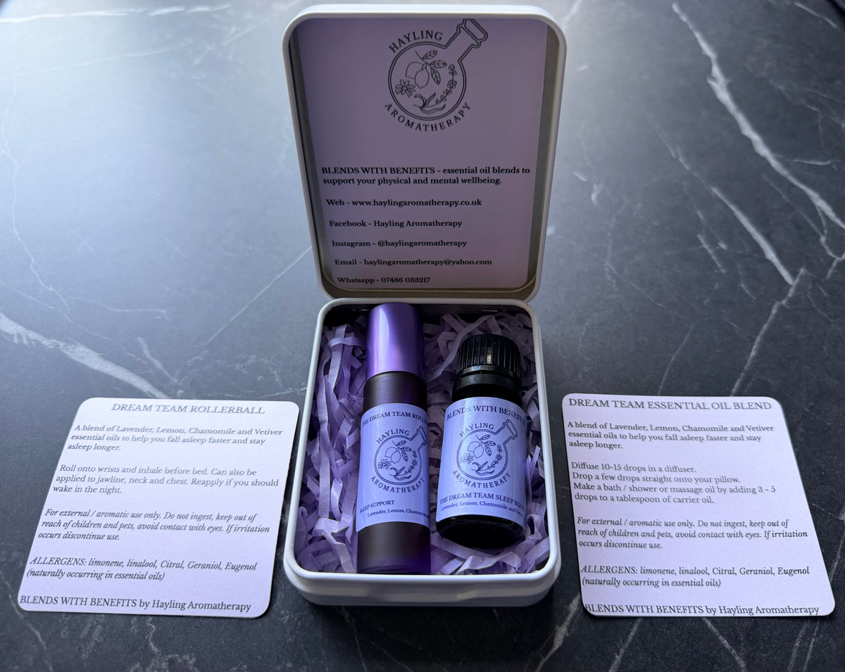 Aromatherapy rollerball and oil blend - Dream Team sleep support duo in carry tin. Insomnia support.