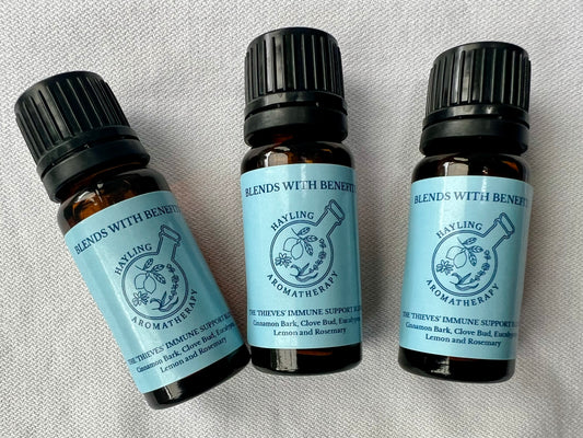 Aromatherapy Immune Support 'Thieves' blend. blend of essential oils of Cinnamon Bark, Clove Bud, Eucalyptus, Lemon and Rosemary. 10ml
