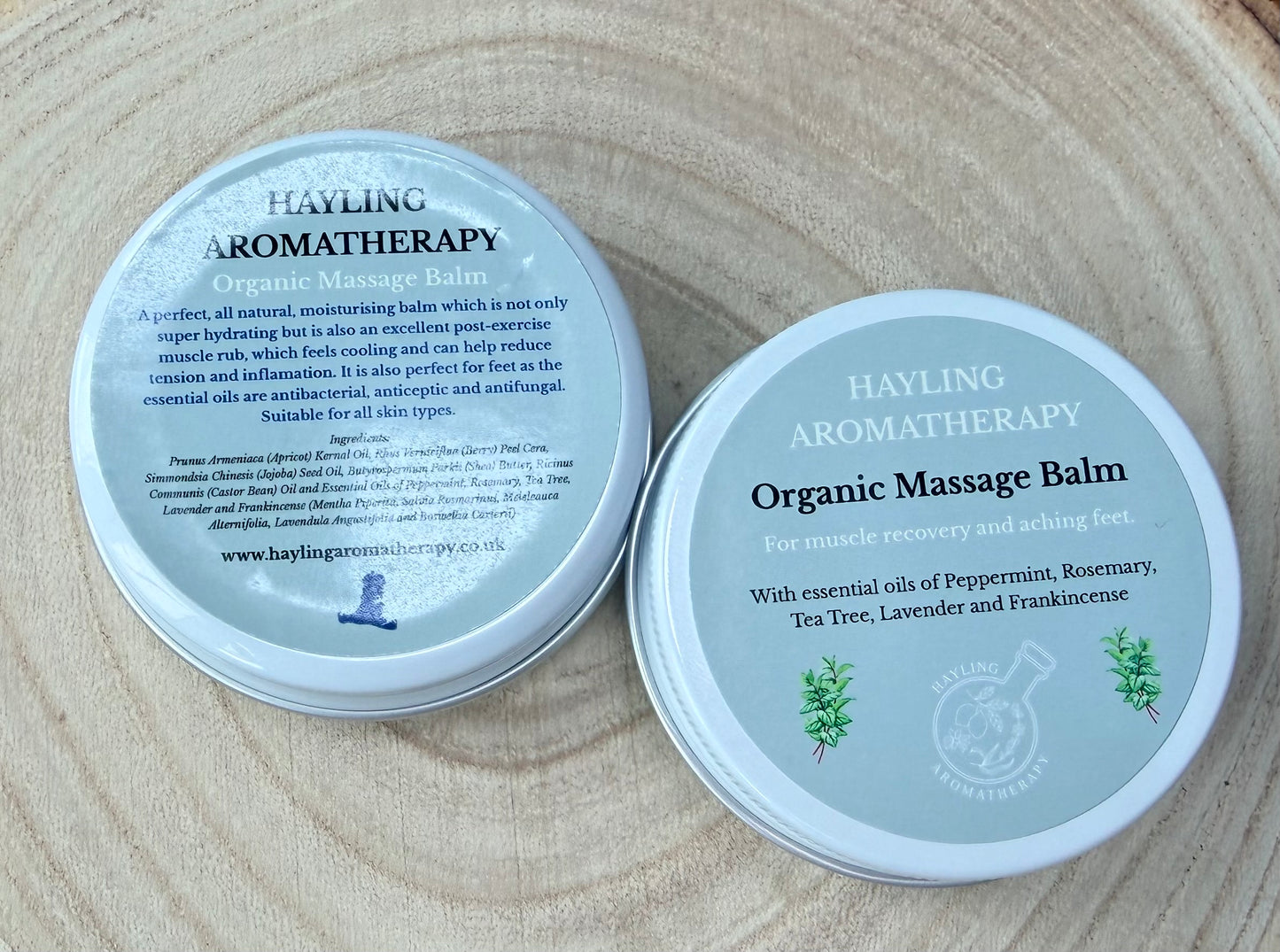 Luxury handcrafted aromatherapy balm with all natural, organic ingredients and essential oils of peppermint, rosemary, tea tree, lavender and frankincense to ease tired muscles and feet. The massage balm for tired muscles and sore feet.