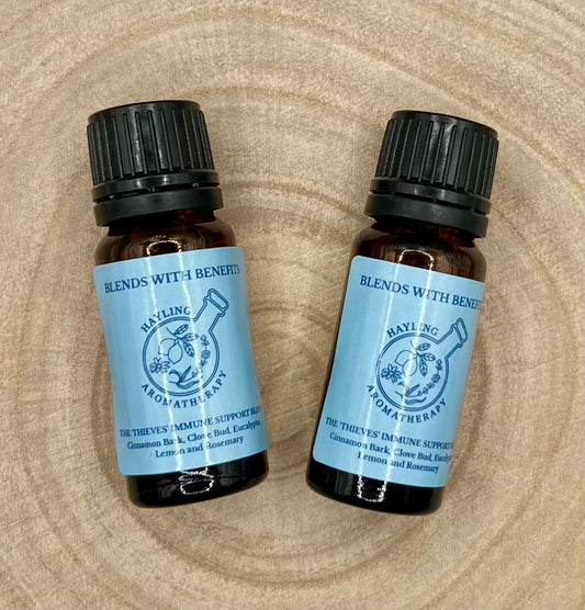 Aromatherapy ‘Medicine Cabinet’ Immune Support 'Thieves' blend. blend of essential oils of Cinnamon Bark, Clove Bud, Eucalyptus, Lemon and Rosemary. 10ml
