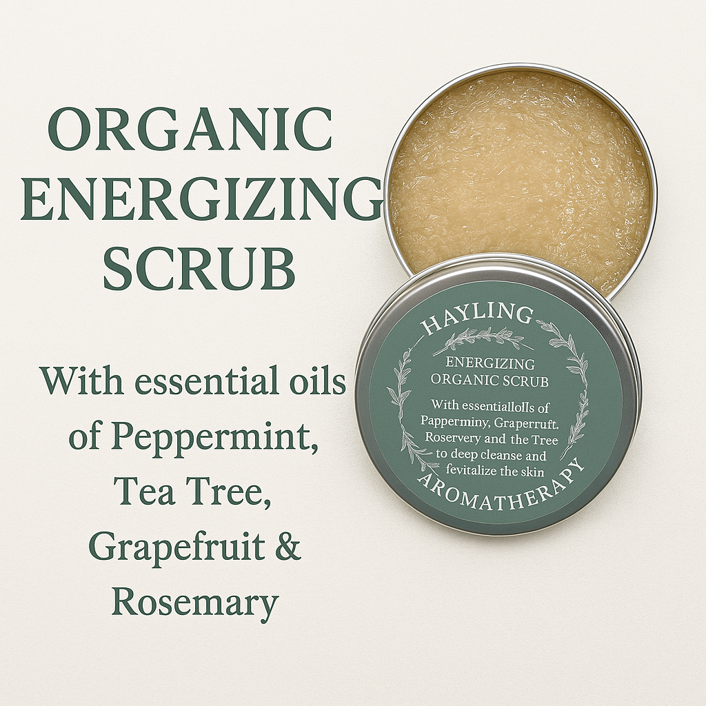 Organic aromatherapy energising scrub with essential oils of Peppermint Grapefruit Rosemary Tea Tree natural oils, butters, sugar and walnut shell