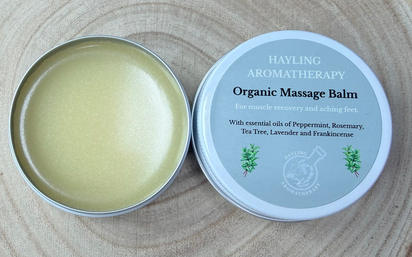 Luxury handcrafted aromatherapy balm with all natural, organic ingredients and essential oils of peppermint, rosemary, tea tree, lavender and frankincense to ease tired muscles and feet. The massage balm for tired muscles and sore feet.