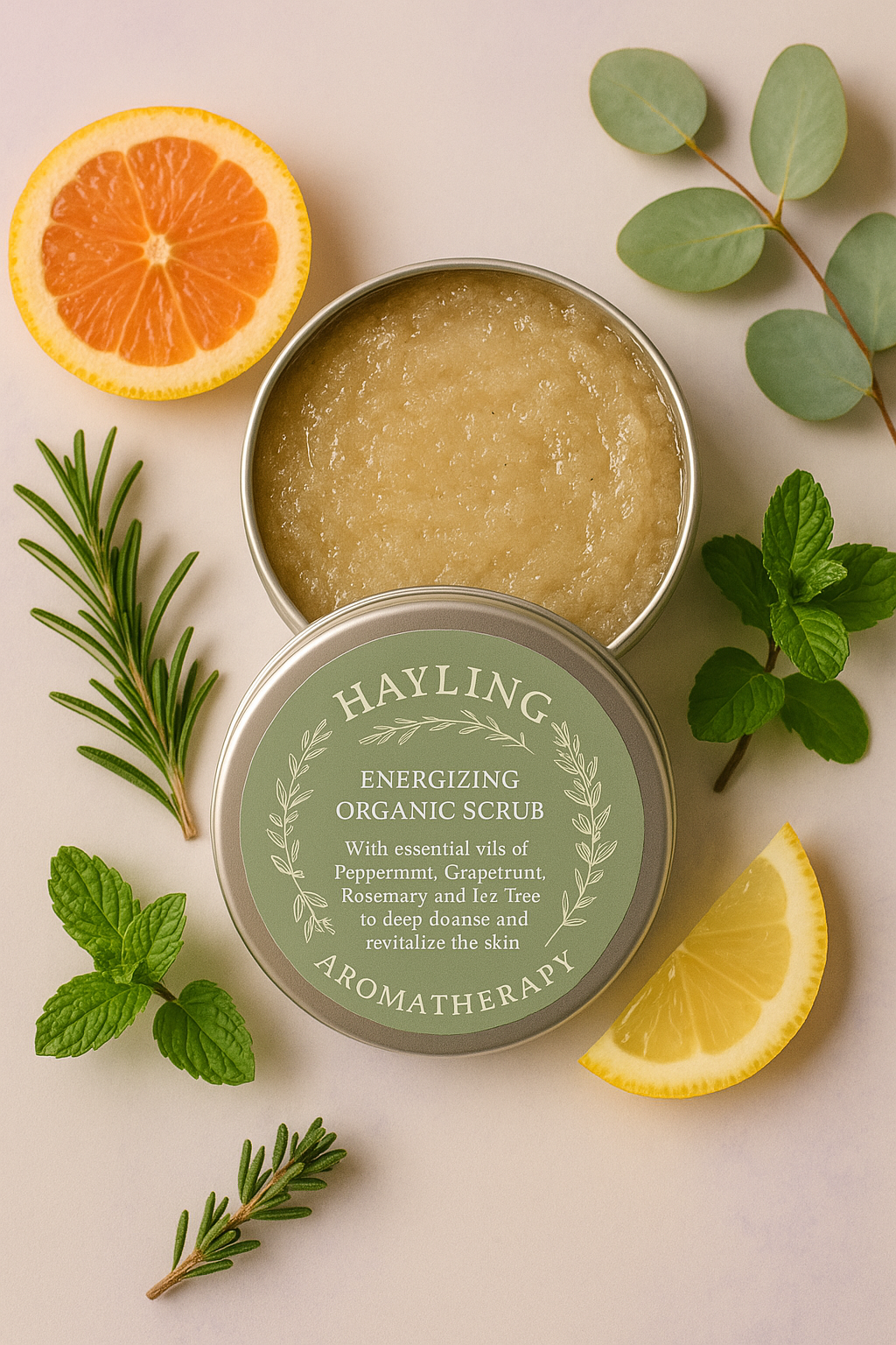 Organic aromatherapy energising scrub with essential oils of Peppermint Grapefruit Rosemary Tea Tree natural oils, butters, sugar and walnut shell