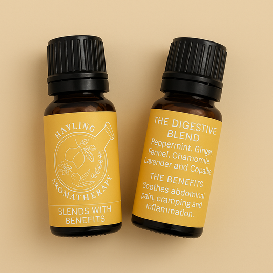 Aromatherapy essential oil blend to support the digestive system. With essential oils of Copaiba, Peppermint, Ginger, Fennel, Lavender, Chamomile & Clary Sage. 10ml.