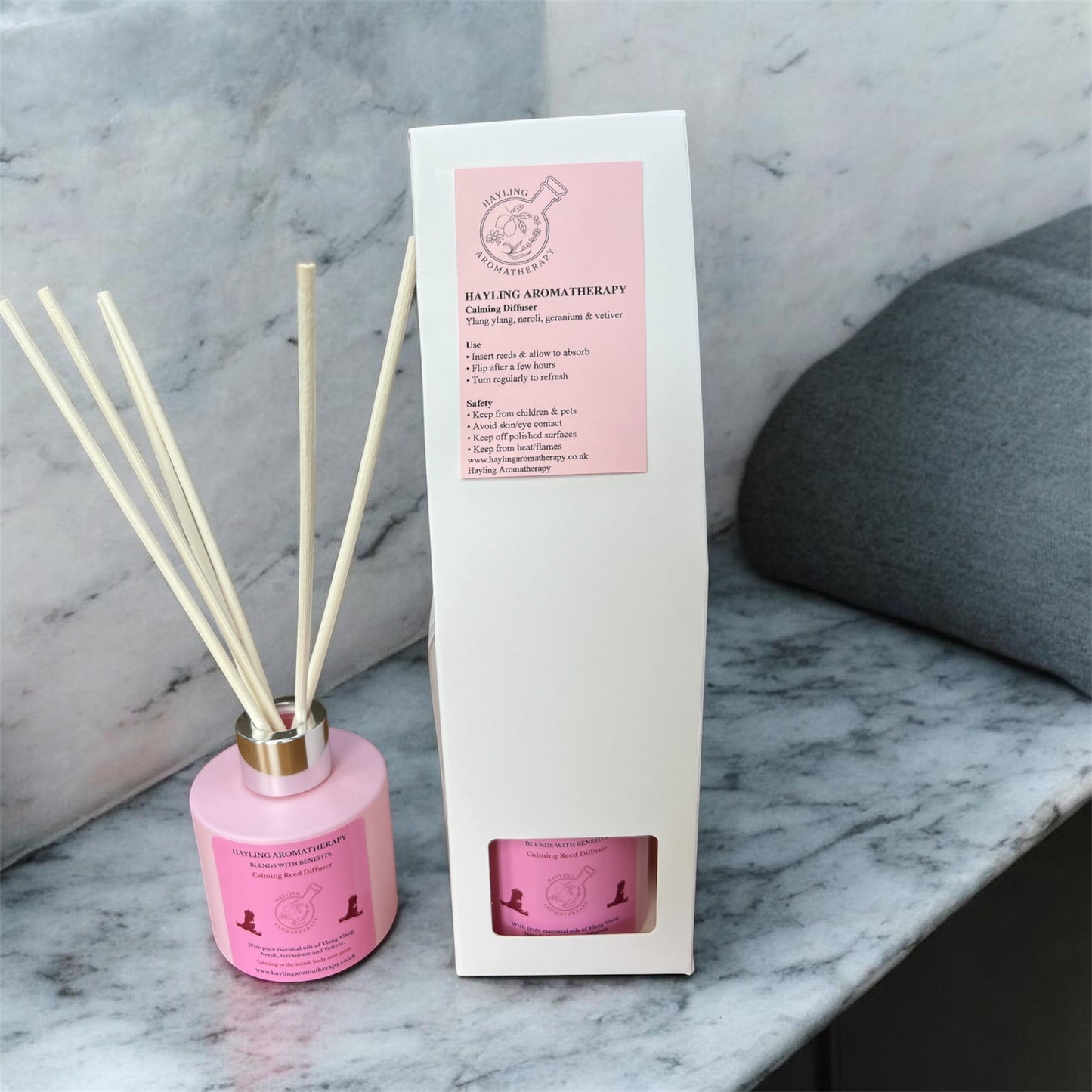 Calming Blend Aromatherapy Reed Diffuser - with essential oils of ylang ylang, geranium, neroli and vetiver. Supports anxiety, stress and depression.