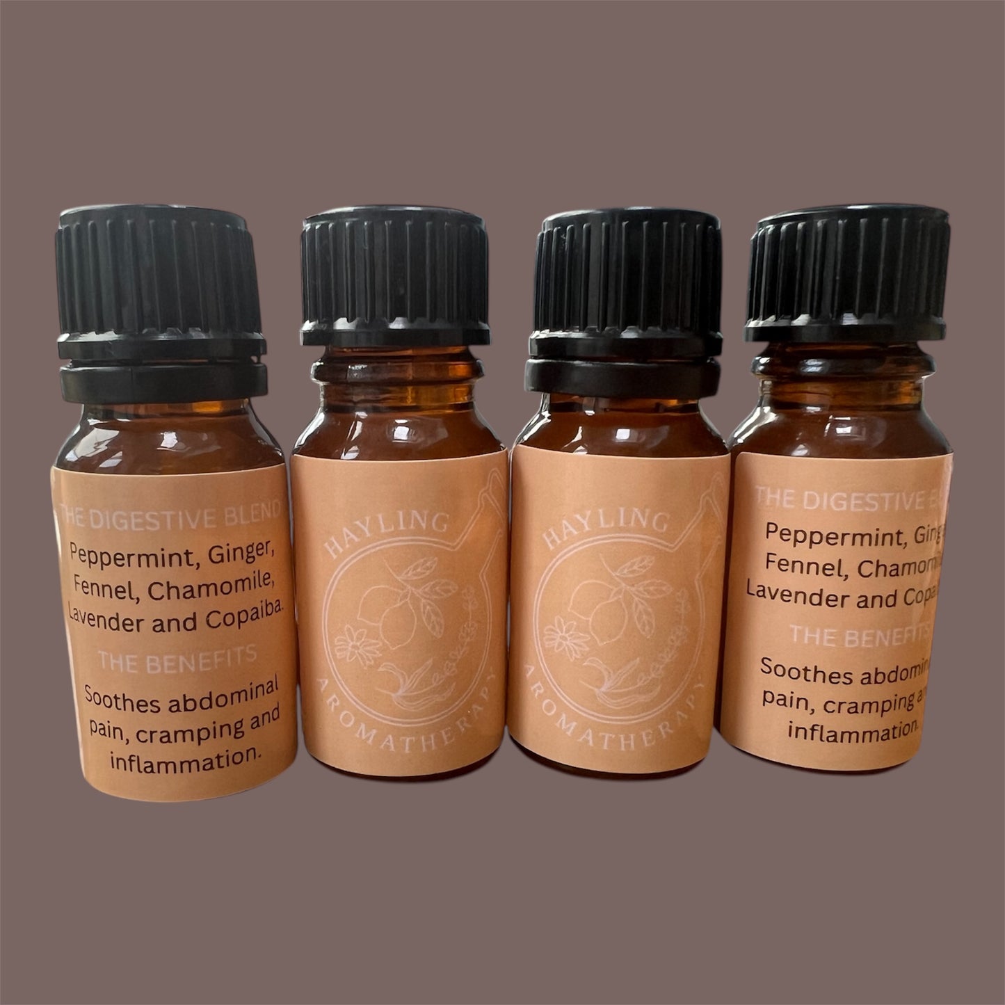 Aromatherapy essential oil blend to support the digestive system. With essential oils of Copaiba, Peppermint, Ginger, Fennel, Lavender, Chamomile & Clary Sage. 10ml.