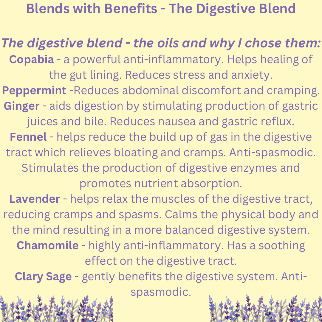 Aromatherapy essential oil blend to support the digestive system. With essential oils of Copaiba, Peppermint, Ginger, Fennel, Lavender, Chamomile & Clary Sage. 10ml.