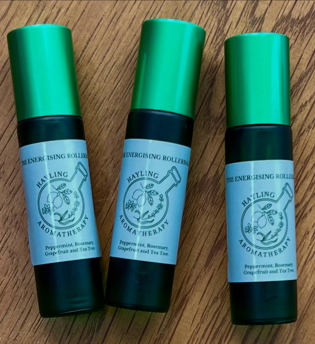 Aromatherapy Energising essential oil rollerball, with Peppermint, Grapefruit, Rosemary and Tea Tree to boost mental clarity and alertness.