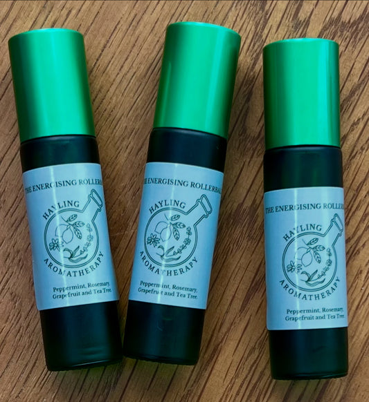 Aromatherapy Energising essential oil rollerball, with Peppermint, Grapefruit, Rosemary and Tea Tree to boost mental clarity and alertness.