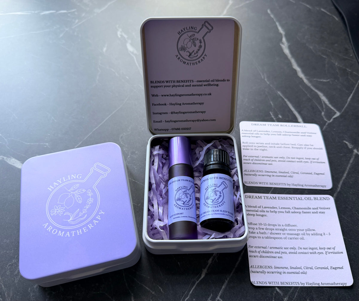 Aromatherapy rollerball and oil blend - Dream Team sleep support duo in carry tin. Insomnia support.
