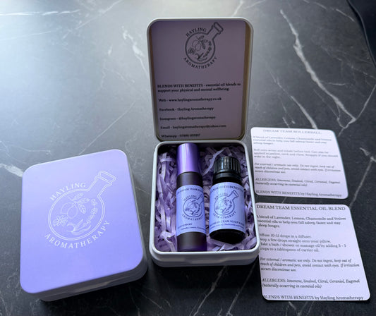 Aromatherapy rollerball and oil blend - Dream Team sleep support duo in carry tin. Insomnia support.