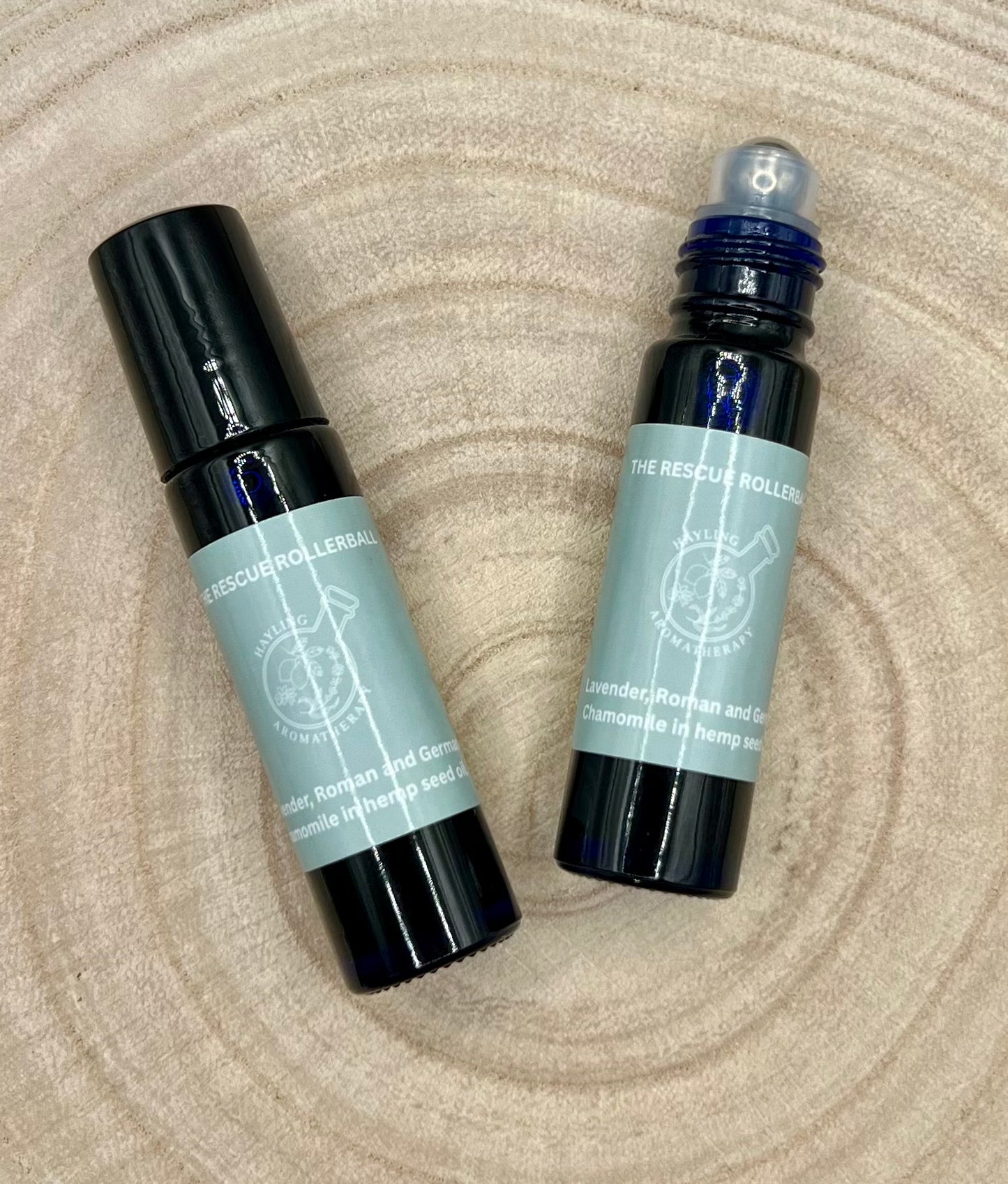 Aromatherapy rollerball - The Rescue Rollerball,  with essential oils of Lavender, Roman and German Chamomile in hemp seed oil to ease headaches, hayfever and pain.10ml
