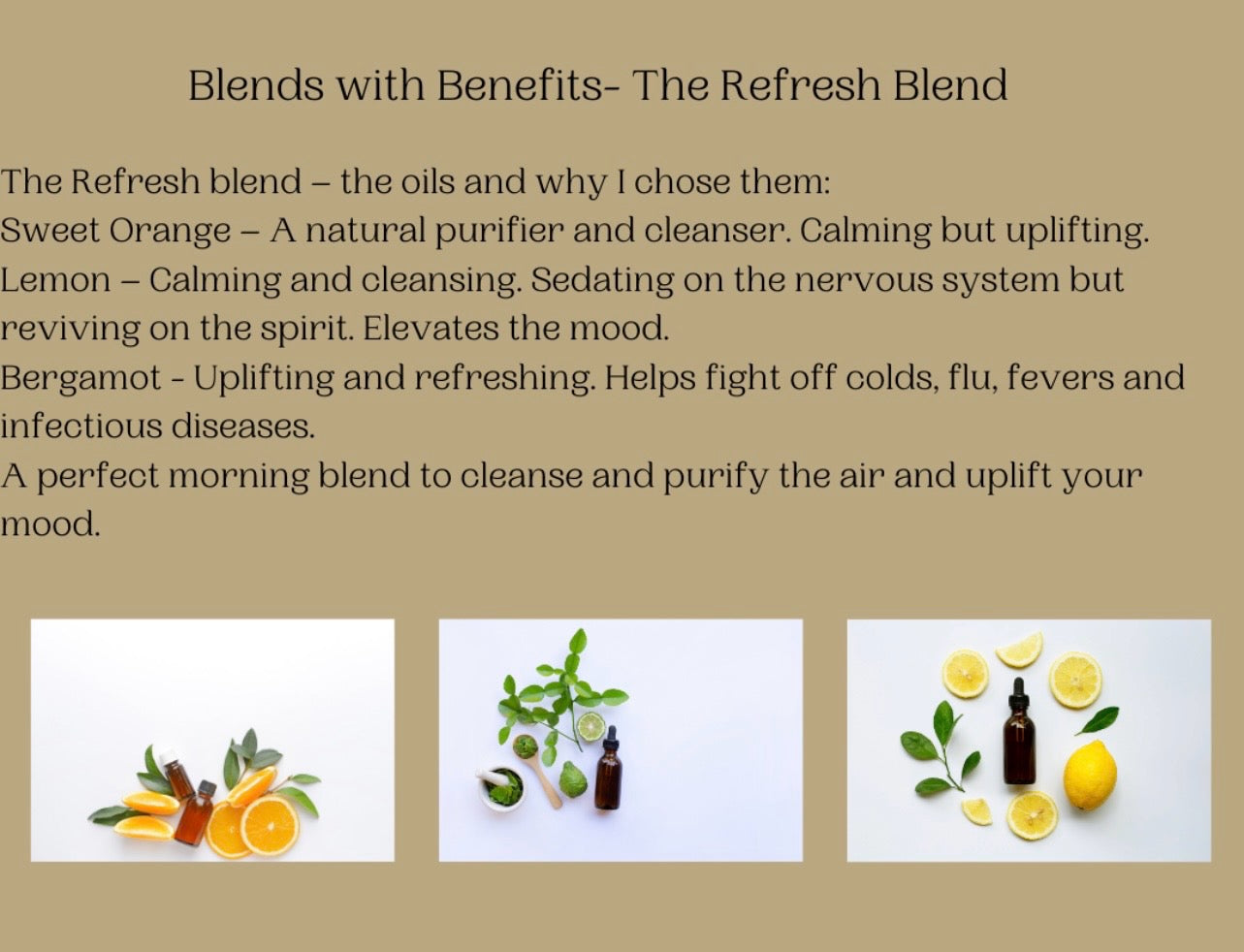 Aromatherapy essential oil refreshing blend. Cleansing and purifying in the air. Uplifting on the spirit.