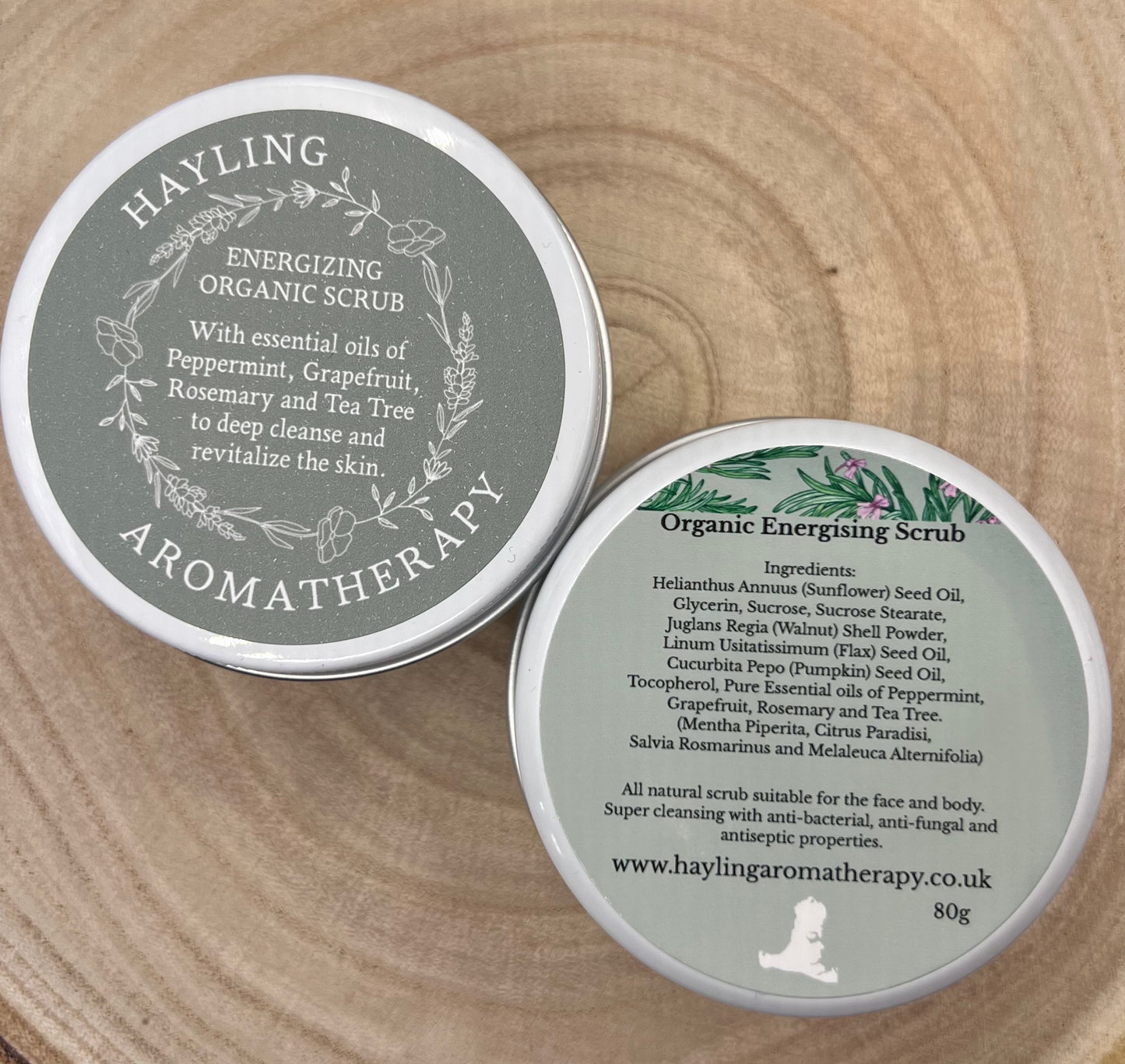 Organic aromatherapy energising scrub with essential oils of Peppermint Grapefruit Rosemary Tea Tree natural oils, butters, sugar and walnut shell