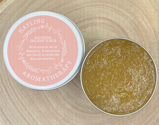 Organic aromatherapy soothing scrub with essential oils of mandarin frankincense and neroli & natural oils, butters,sugar  and walnut shell