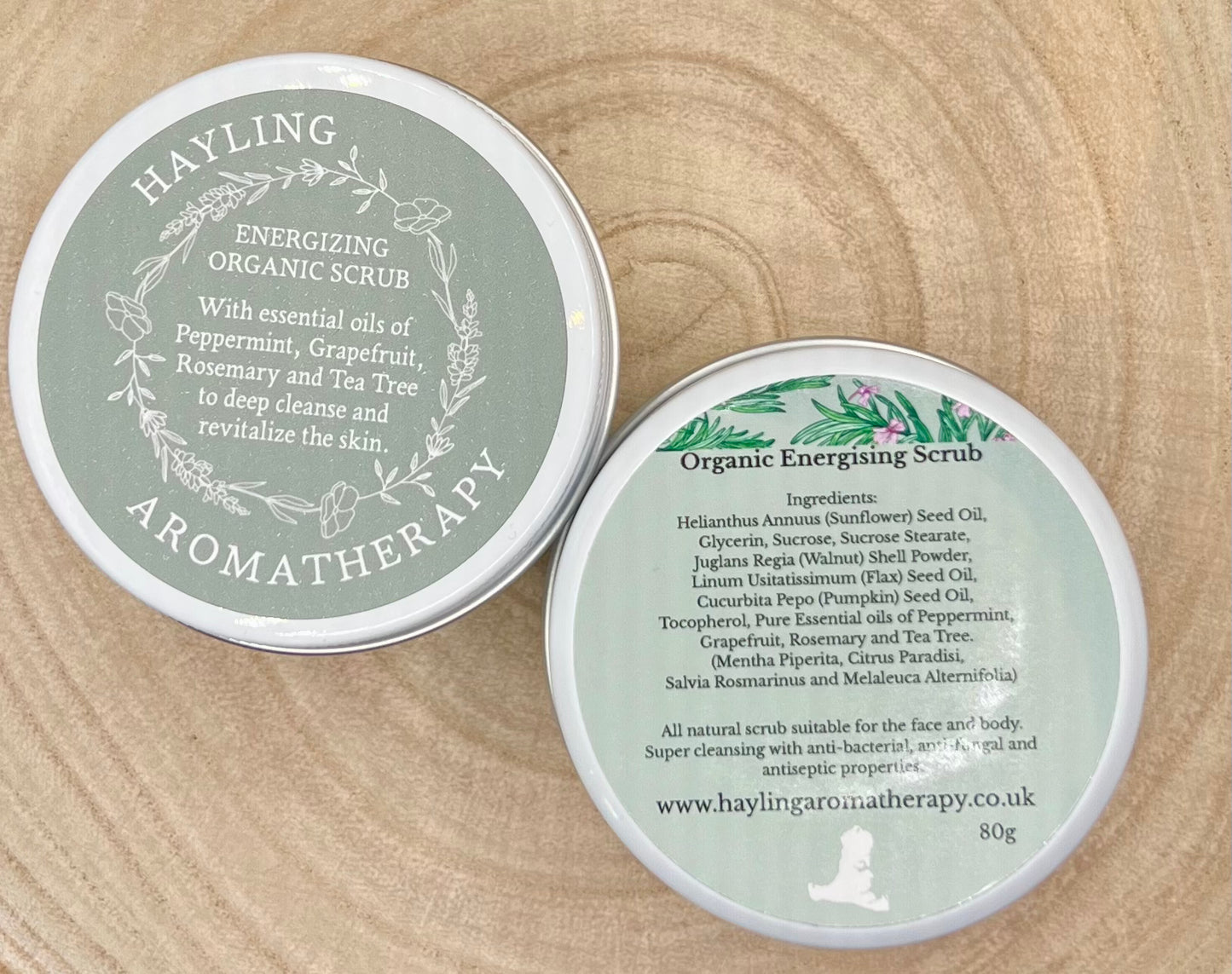 Organic aromatherapy energising scrub with essential oils of Peppermint Grapefruit Rosemary Tea Tree natural oils, butters, sugar and walnut shell