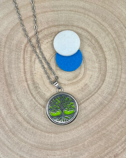 Pendant necklace diffuser with Tree of Life design. Aromatherapy pendant necklace for inhaling essential oils.