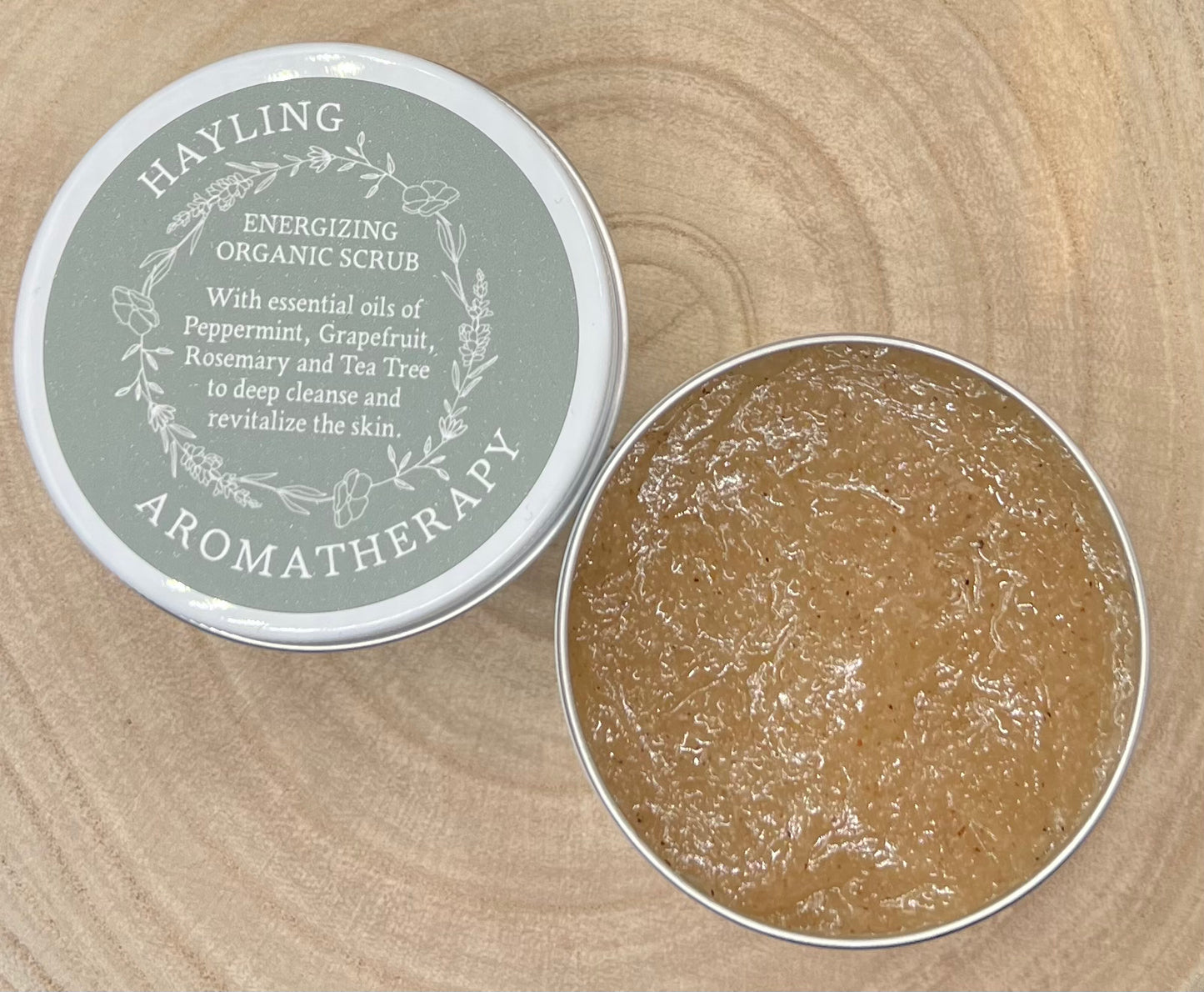 Organic aromatherapy energising scrub with essential oils of Peppermint Grapefruit Rosemary Tea Tree natural oils, butters, sugar and walnut shell
