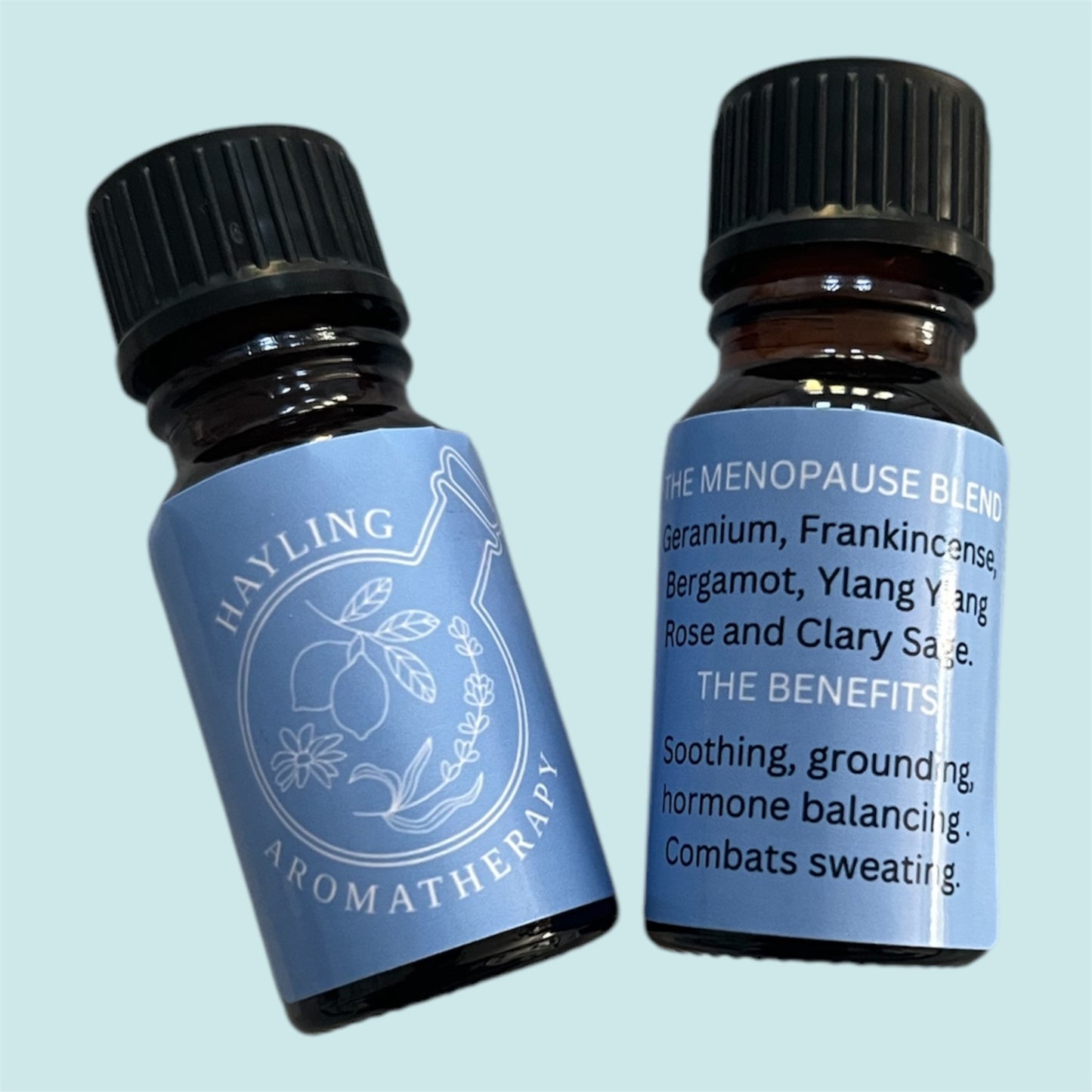Aromatherapy essential oil blend for menopause support. With reviving and balancing oils of rose, geranium, bergamot, frankincense, ylang ylang and clary sage.