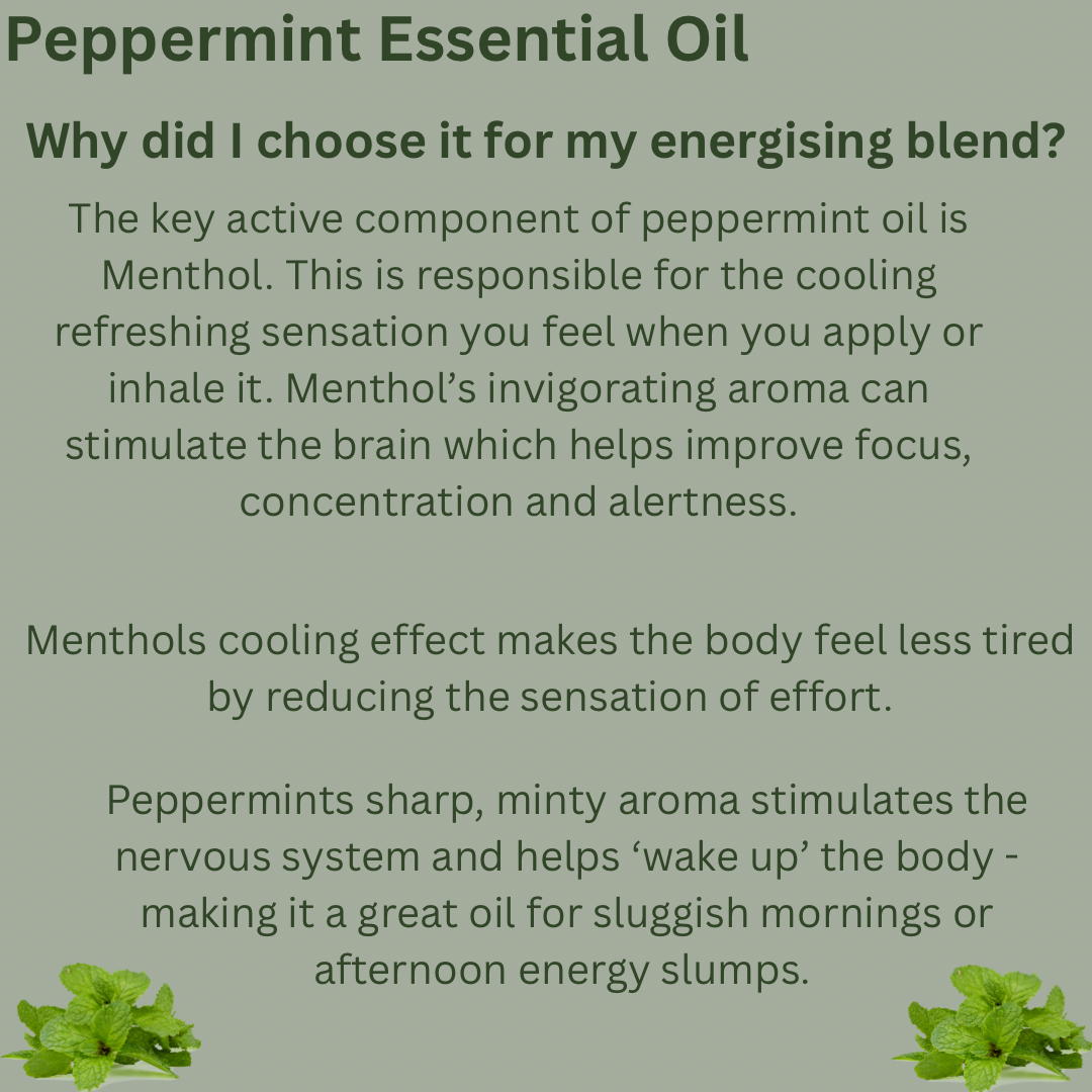 Aromatherapy energising essential oil blend. Invigorating and uplifting on your energy levels and your mood. Boosts concentration naturally. 10ml.