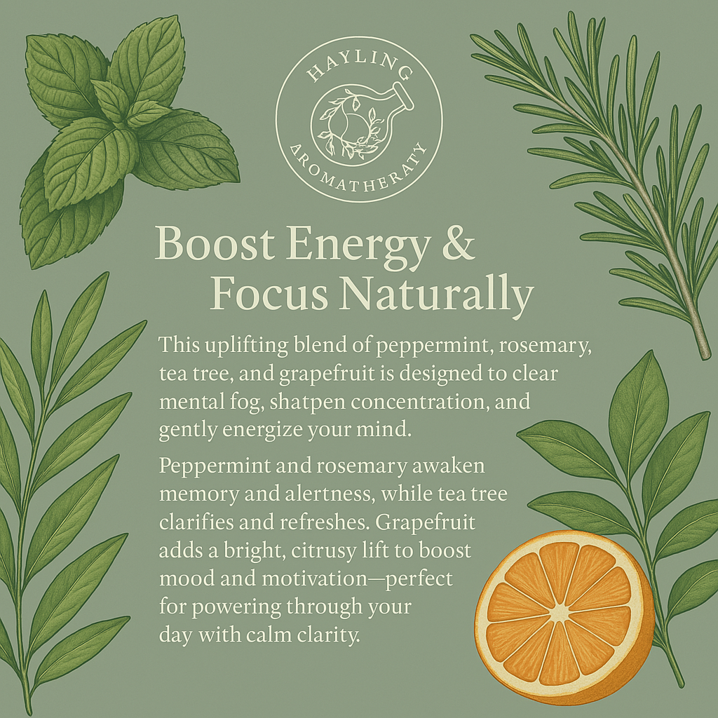 Aromatherapy energising essential oil blend. Invigorating and uplifting on your energy levels and your mood. Boosts concentration naturally. 10ml.