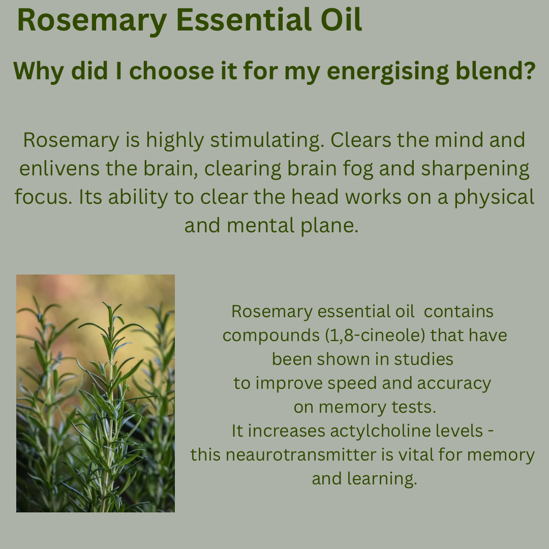 Aromatherapy energising essential oil blend. Invigorating and uplifting on your energy levels and your mood. Boosts concentration naturally. 10ml.
