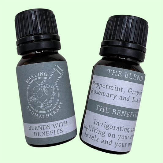 Aromatherapy energising essential oil blend. Invigorating and uplifting on your energy levels and your mood. Boosts concentration naturally. 10ml.