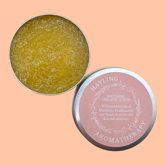 Organic aromatherapy soothing scrub with essential oils of mandarin frankincense and neroli & natural oils, butters,sugar  and walnut shell