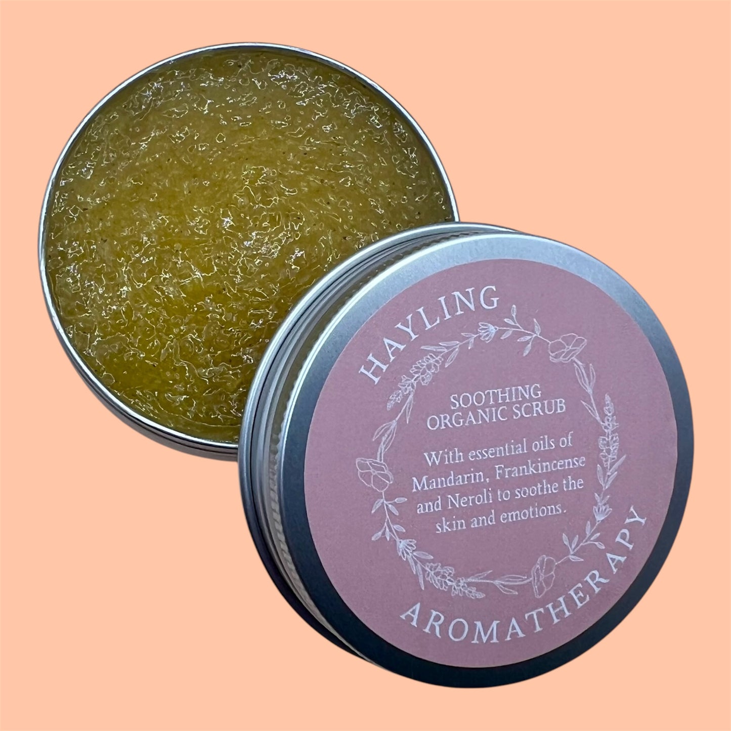 Organic aromatherapy soothing scrub with essential oils of mandarin frankincense and neroli & natural oils, butters,sugar  and walnut shell